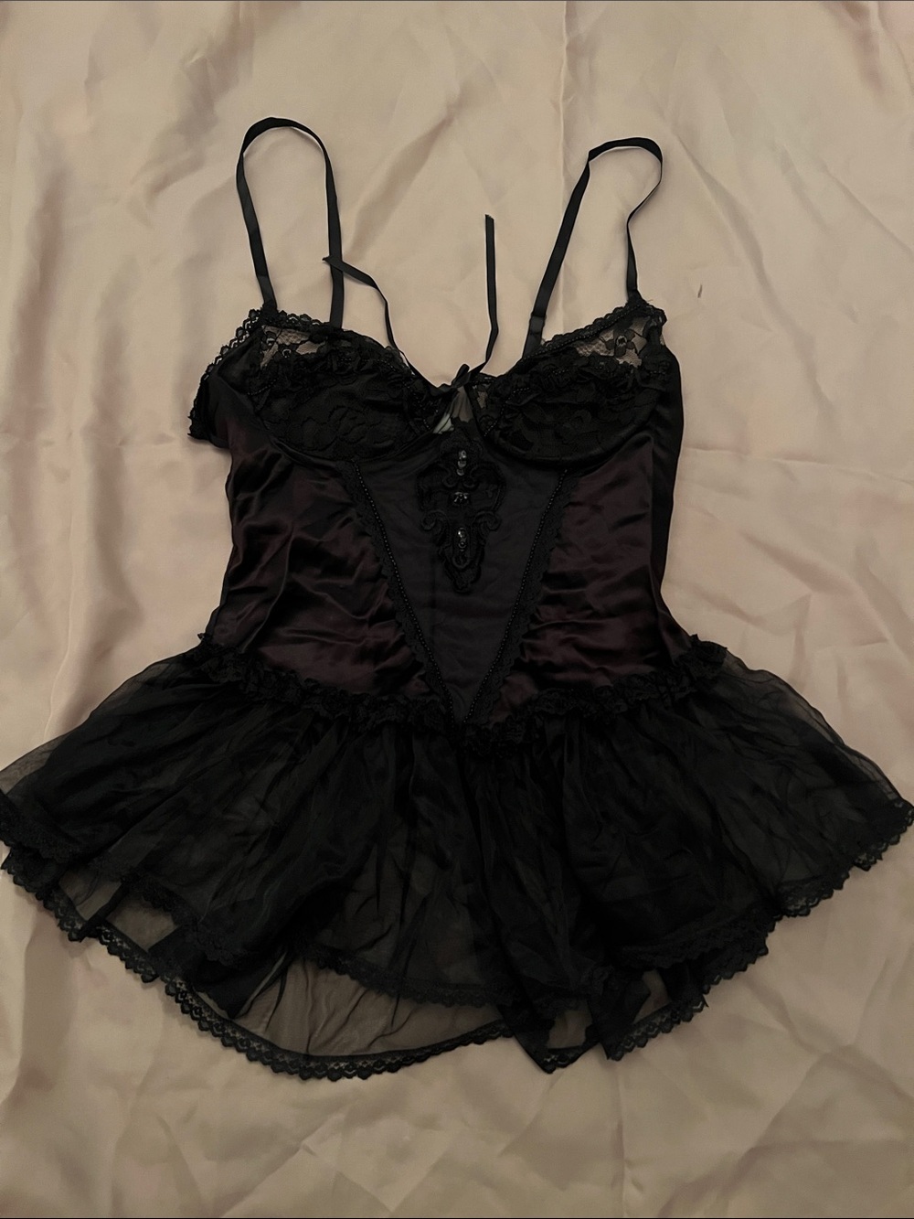 Black Lace & Sheer Tulle Babydoll Chemise - Women Intimates